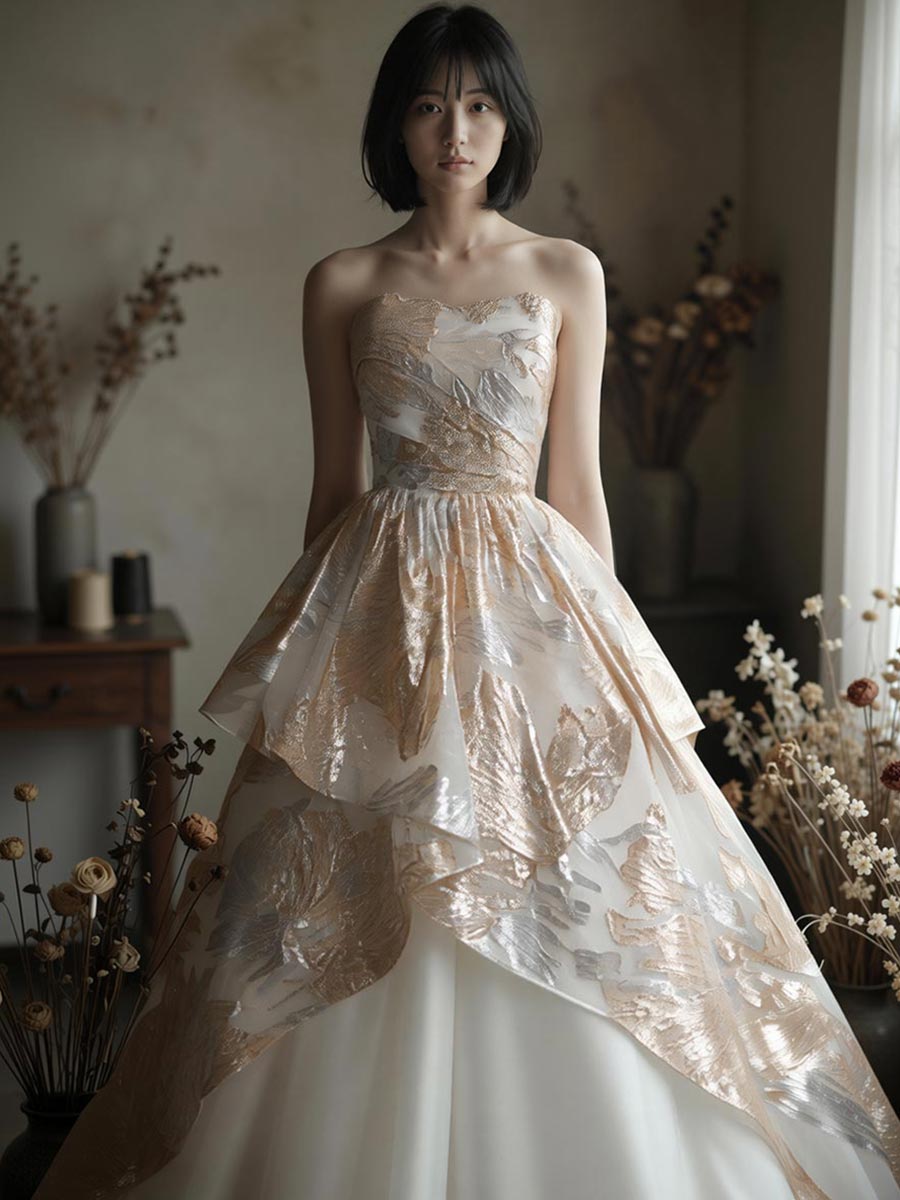 ゴールド＆シルバーのジャガードチュールをホワイトチュールに覆い被せた斜めドレープカットデザインドレス