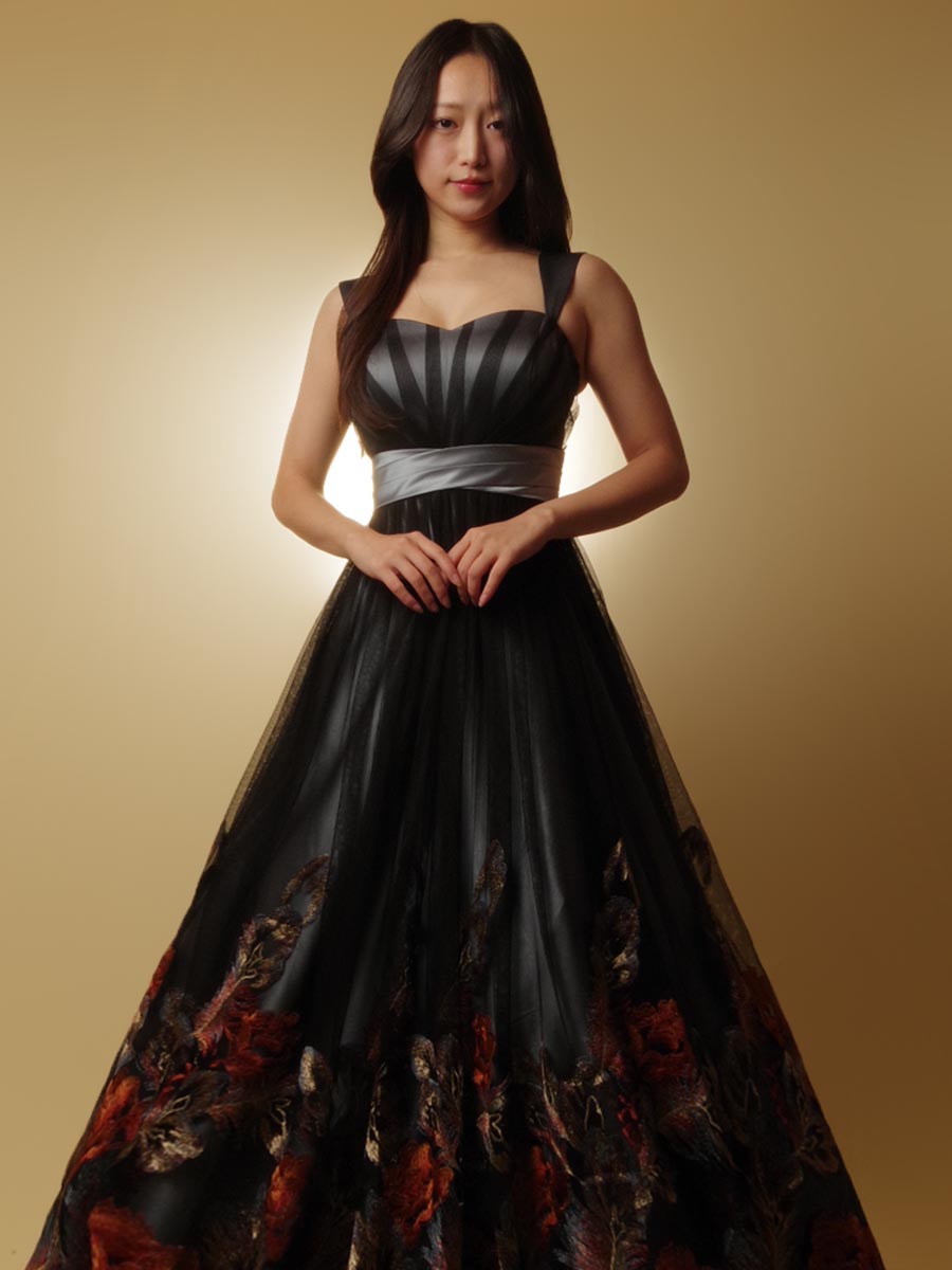 シルバーカラーを基調にしたスカートグラデーション刺繍の肩袖デザインコンサートドレス