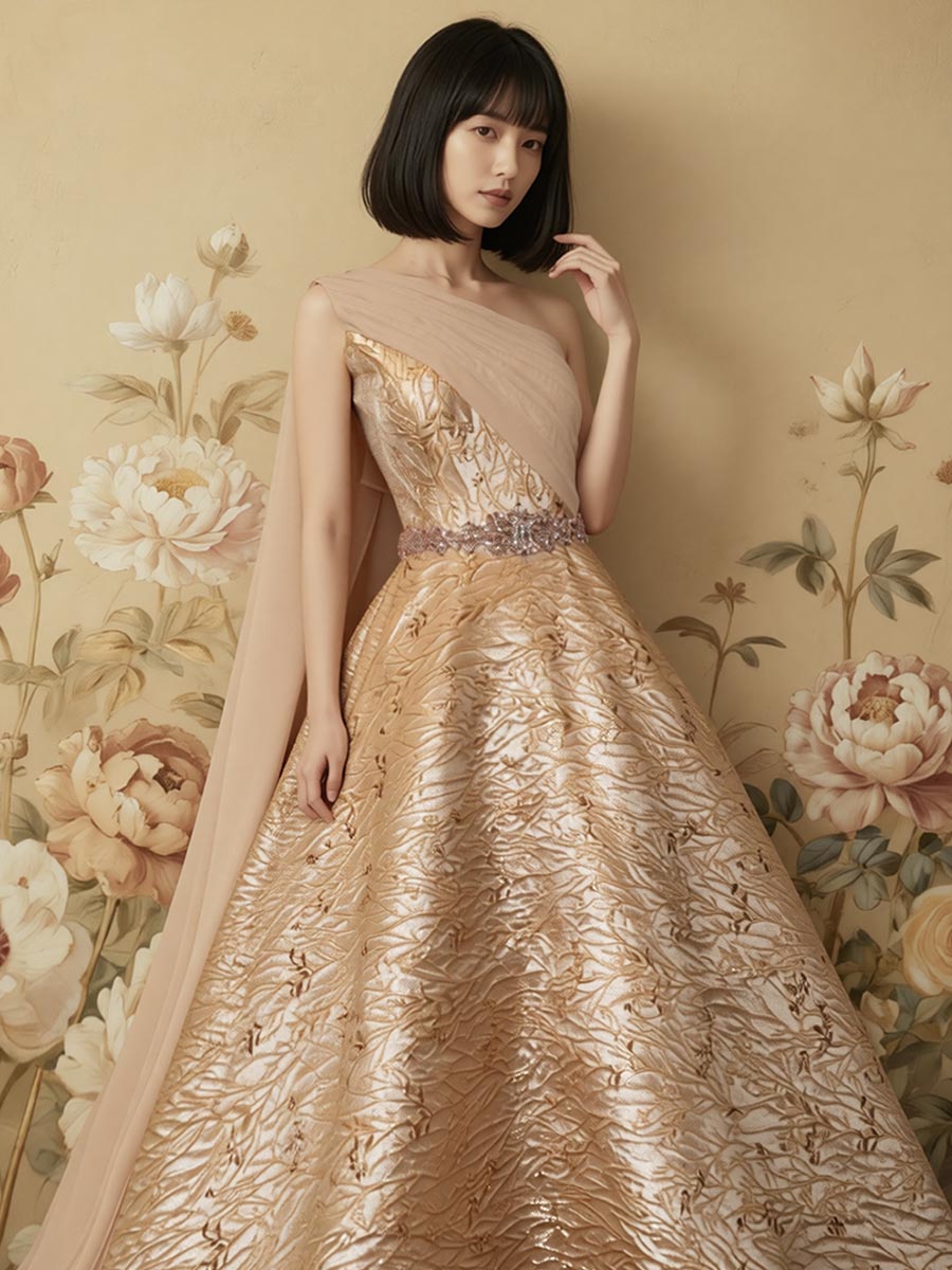 ドレープワンショルダーデザインのゴールドジャガードボリュームドレス