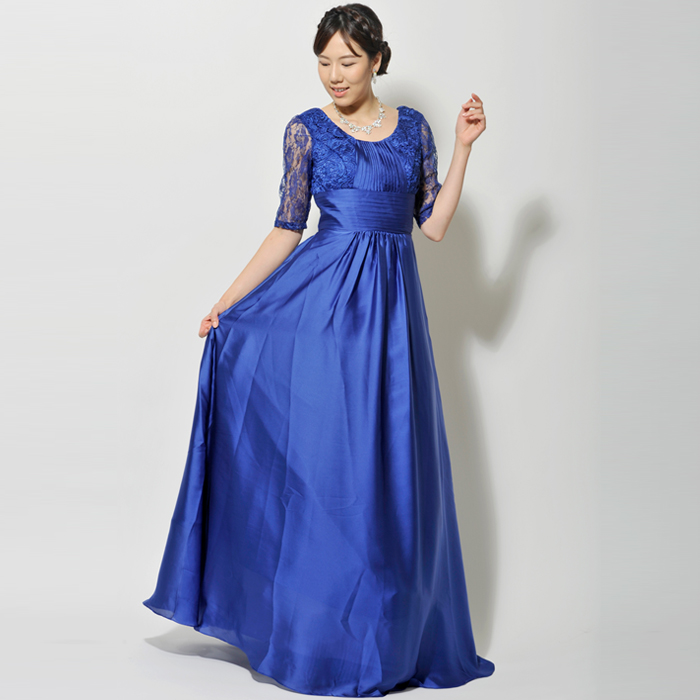 ロイヤルブルーカラーのエレガントな袖付きデザインの演奏会ドレス ...