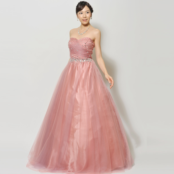ダスティーローズピンクのお姫様の様な可愛らしさと高級感のあるロングドレス