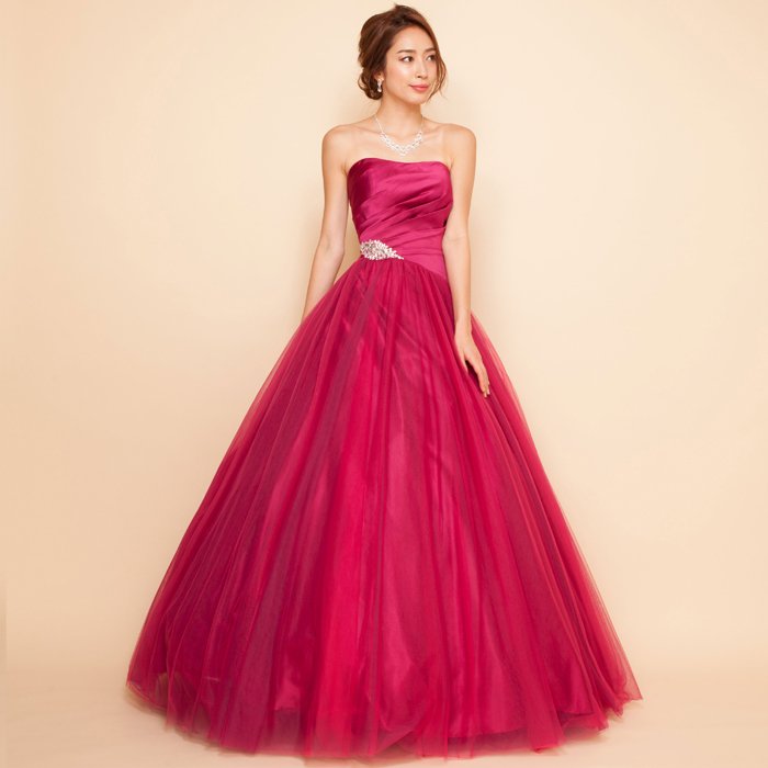 ３色チュールオーロラグラデーションディープピンクサテンボリュームロングドレス