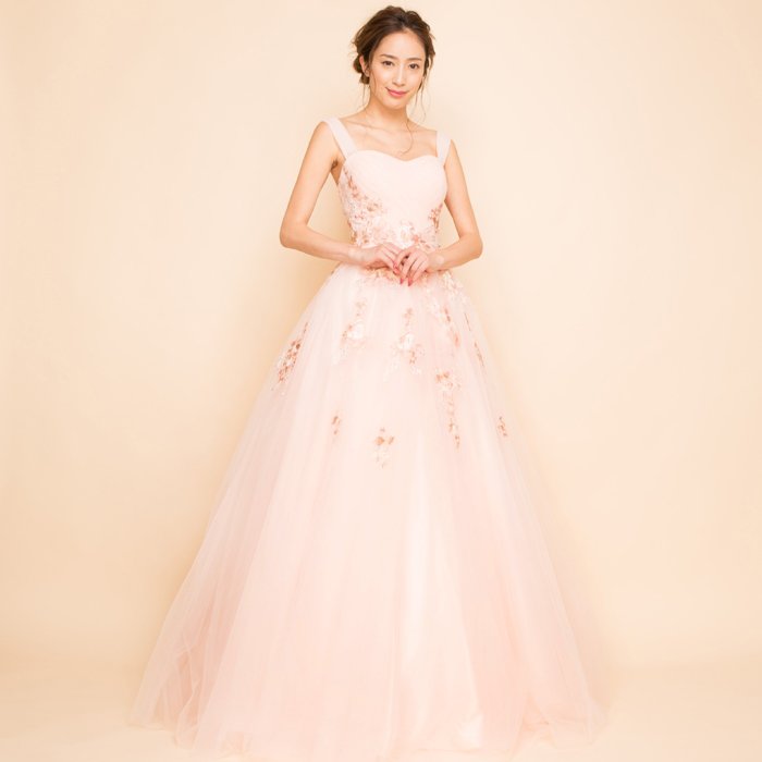 フラワー刺繍プリンセスボリュームチュールベビーピンクロングドレス