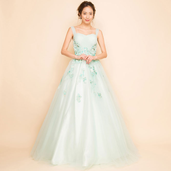 フラワー刺繍プリンセスボリュームチュールミントカラーロングドレス