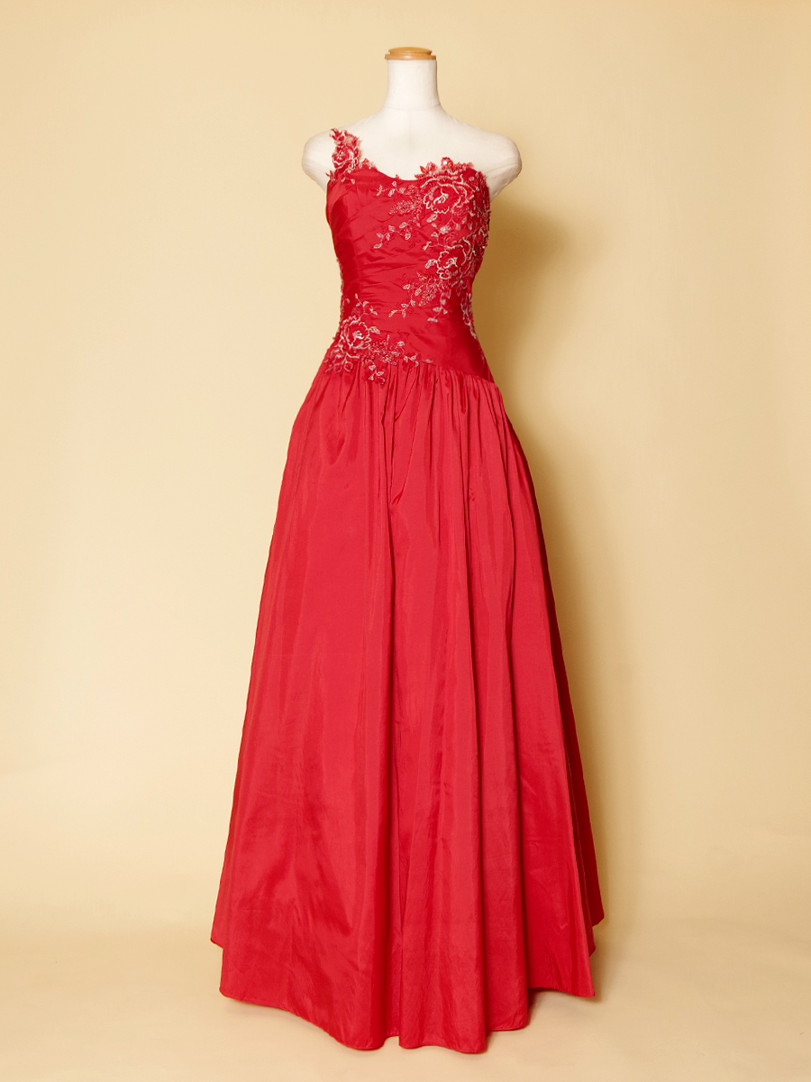 情熱的で煌びやかなレッドカラーのスタイリッシュワンショルダーロングドレス