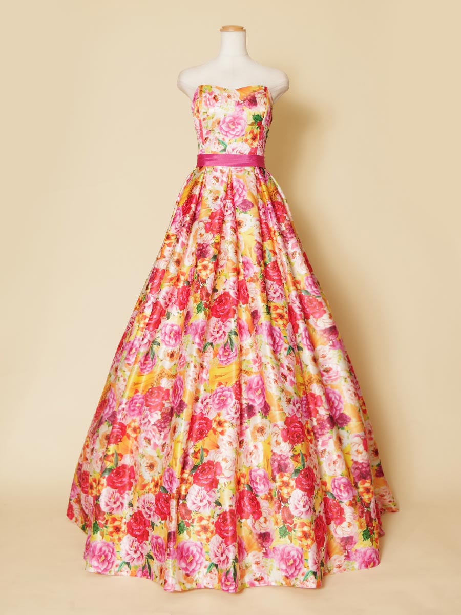 総フラワープリントのお花畑をドレスにしたようなカラフルロングドレス