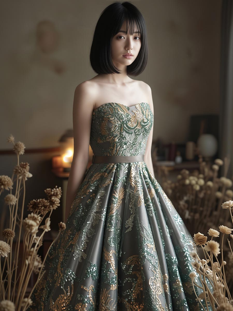 フラワー刺繍にスパンコールが大人なリゾート風グリーンカラーAラインドレス