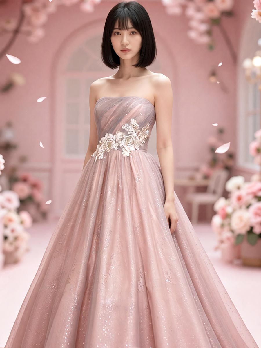 ピンクパープルのキラキラチュールとお花刺繍が可愛らしさを演出するステージドレス