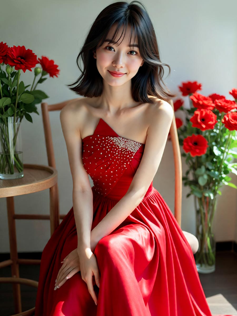 プレゼントのような胸元の大きなリボンが可愛いレッドカラードレス