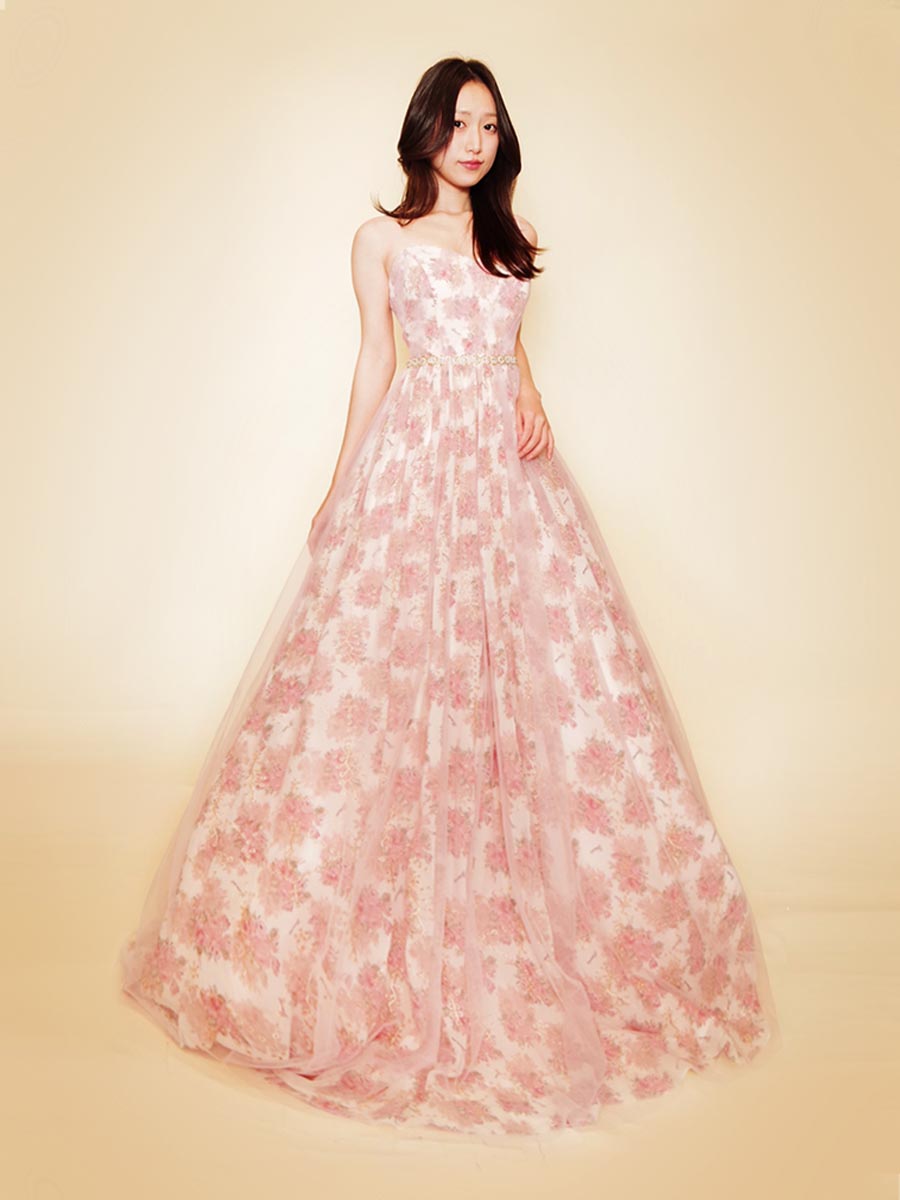 ブリティッシュフラワーパターンデザインが可愛らしいお姫様スタイルのステージロングドレス