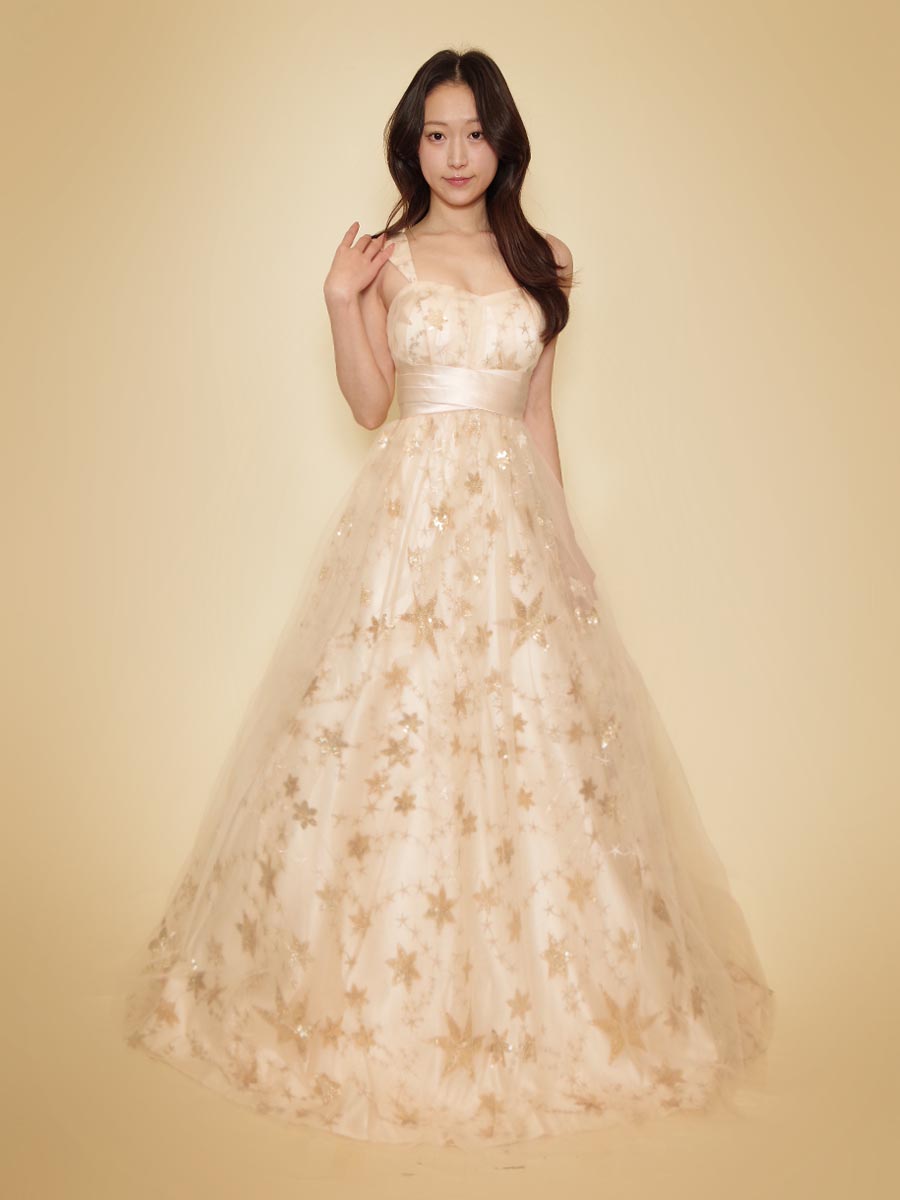 柔らかなゴールドの輝きが美しいスタースパンコールベージュチュールステージドレス