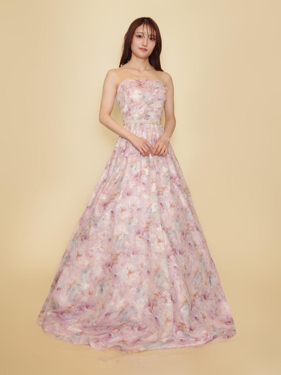 パープルピンクのオール花柄デザインのAラインシルエット演奏会ロングドレス