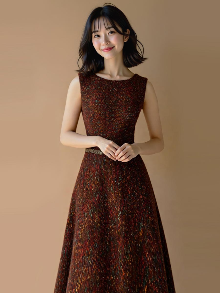 ブラウンベースのミックスツイードがエレガントなスレンダードレス