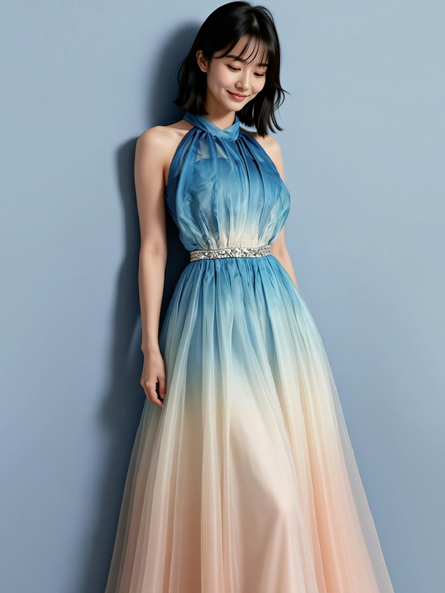 グラデーションプリント生地を使用したファッショナブルなホルターネックステージドレス