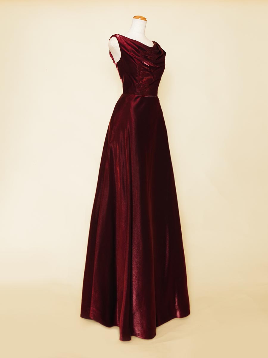 胸元ドレープデザインのスタイリッシュスレンダーワインレッドドレス