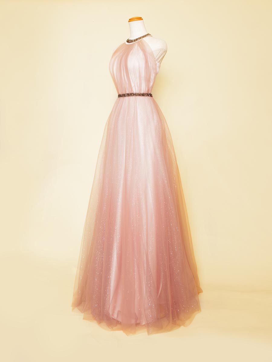 グリッターの輝きが美しいスモークピンクチュールホルターネックドレス