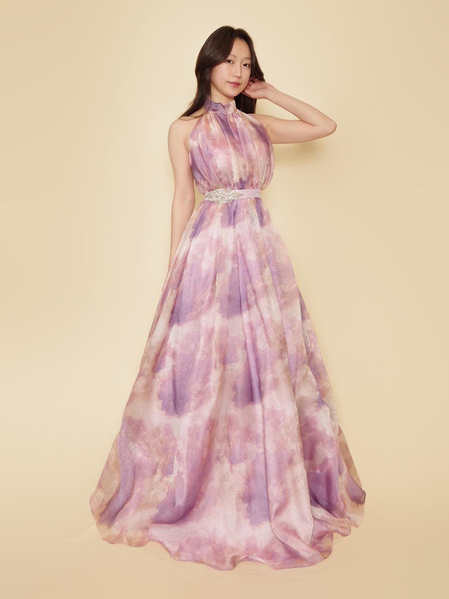 グランジ柄のパステルパープルカラーオーガンジーのホルターネックドレス