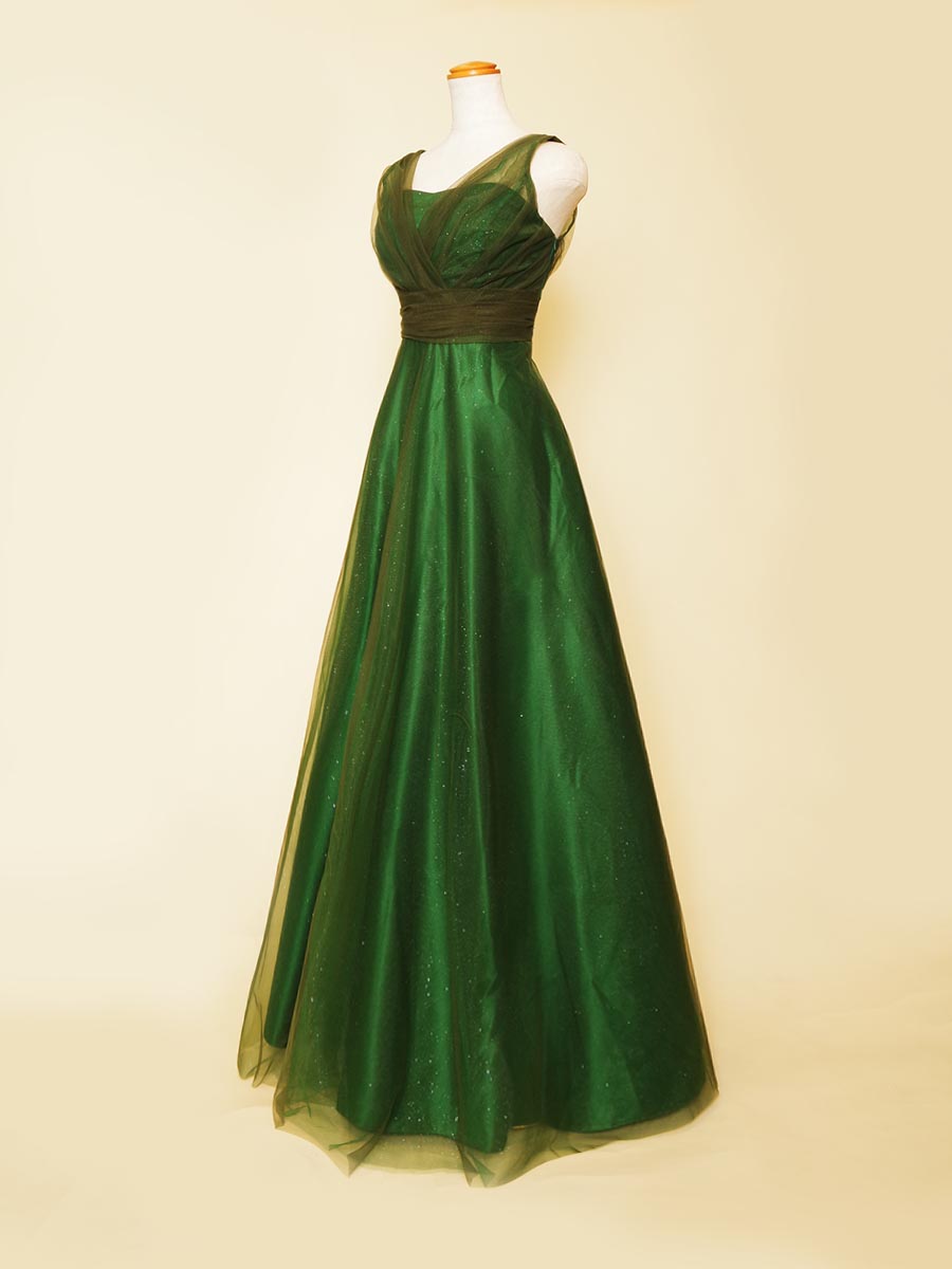 ディープグリーンカラーにグリッター装飾を施した深みのある煌びやかな肩袖デザインドレス