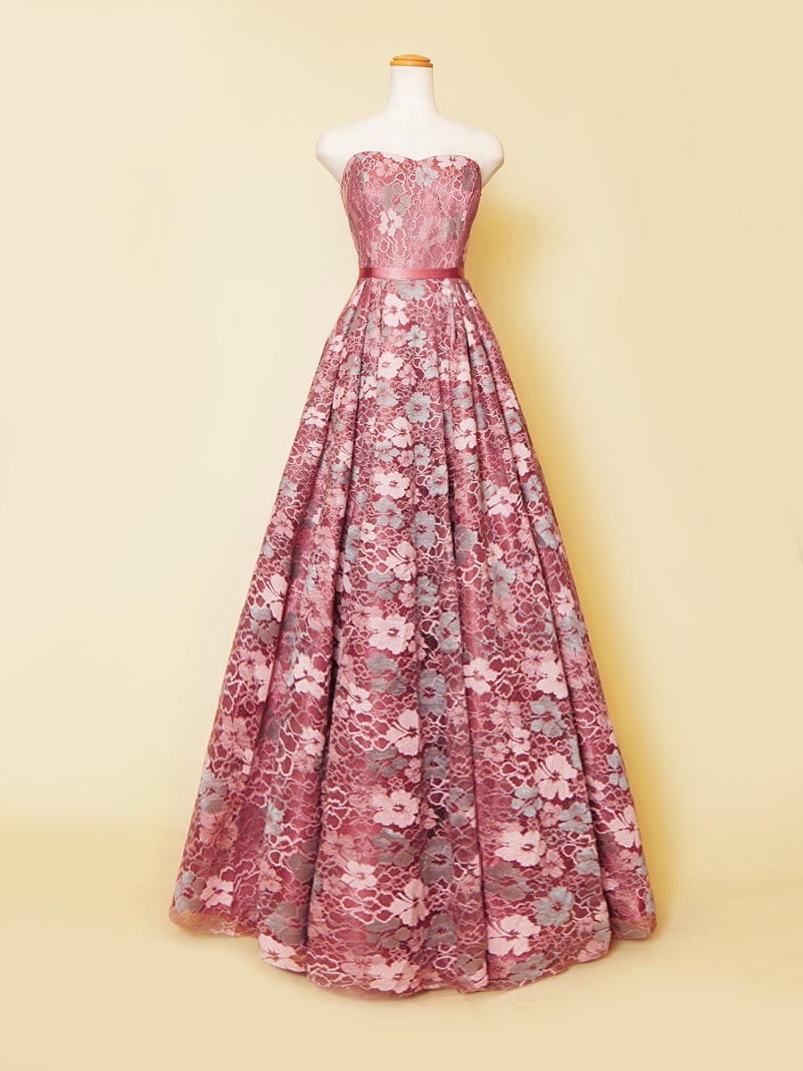 フラワー刺繍のダスティーローズピンクが大人っぽいAラインスタイルドレス