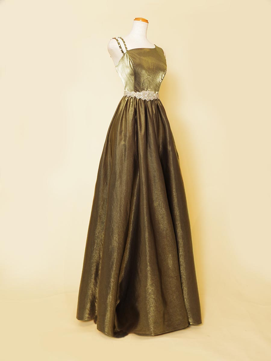 デザイン肩袖のメタリックグリーンカラーのストレートライン演奏会ドレス