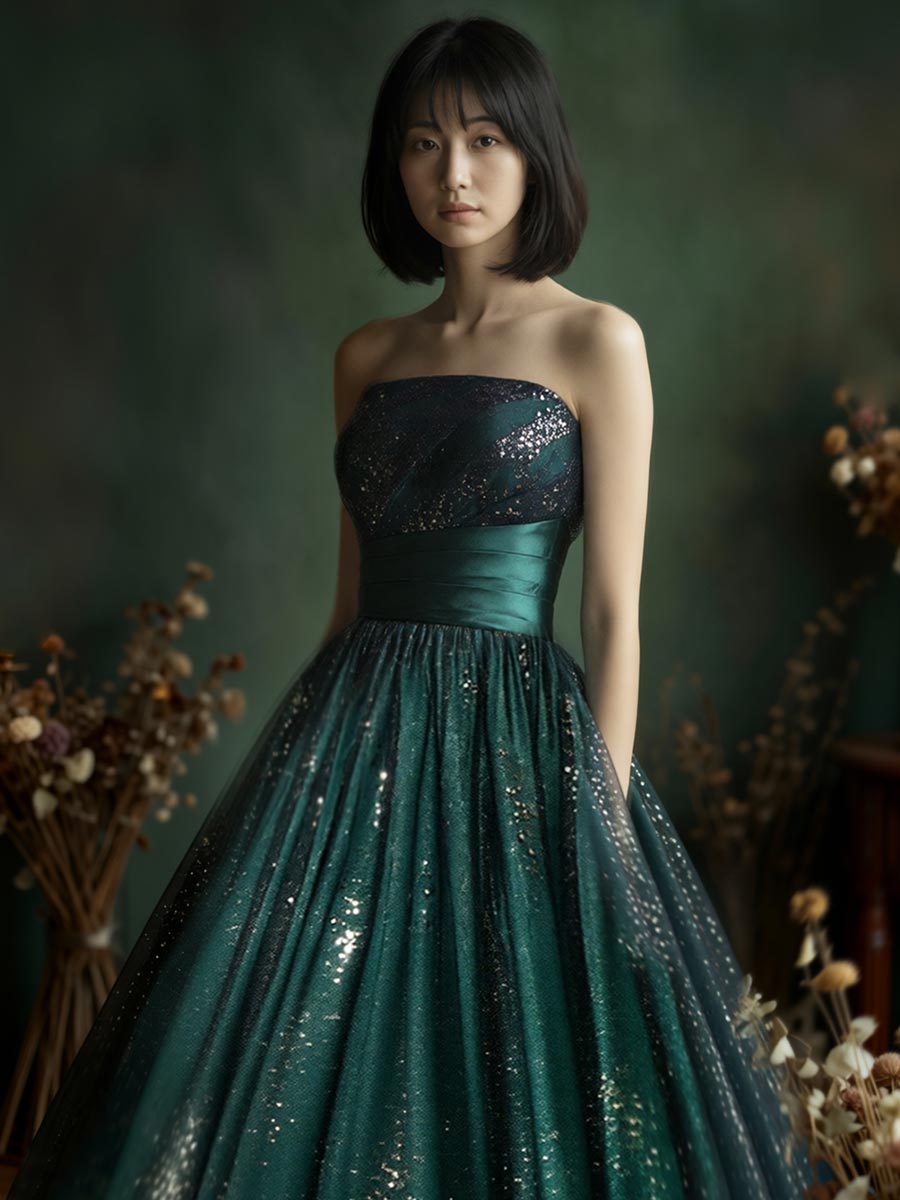 ディープグリーンカラーのグリッターの輝きが眩いほどに煌びやかなボリュームラインステージドレス