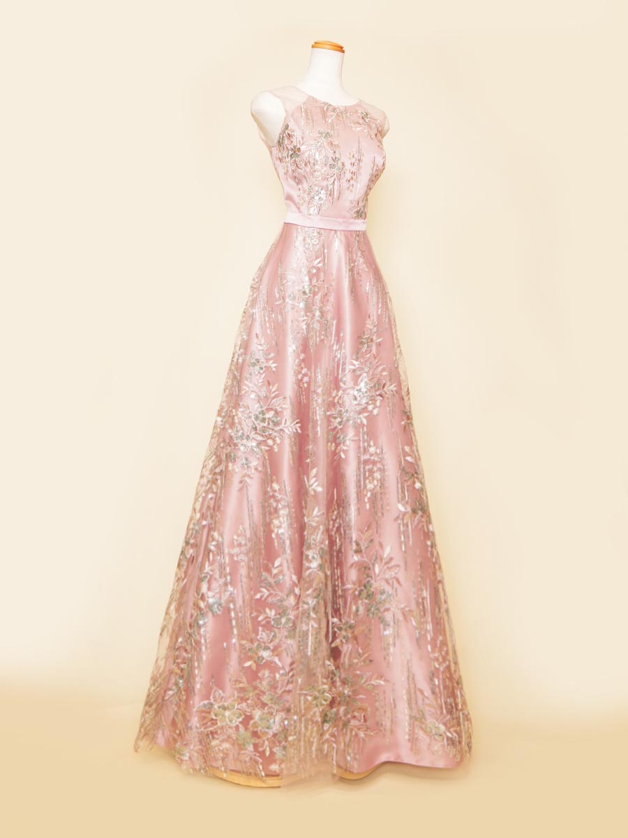 ブリティッシュピンクカラーのスパンコールの輝きが上品なノースリーブデザインステージドレス