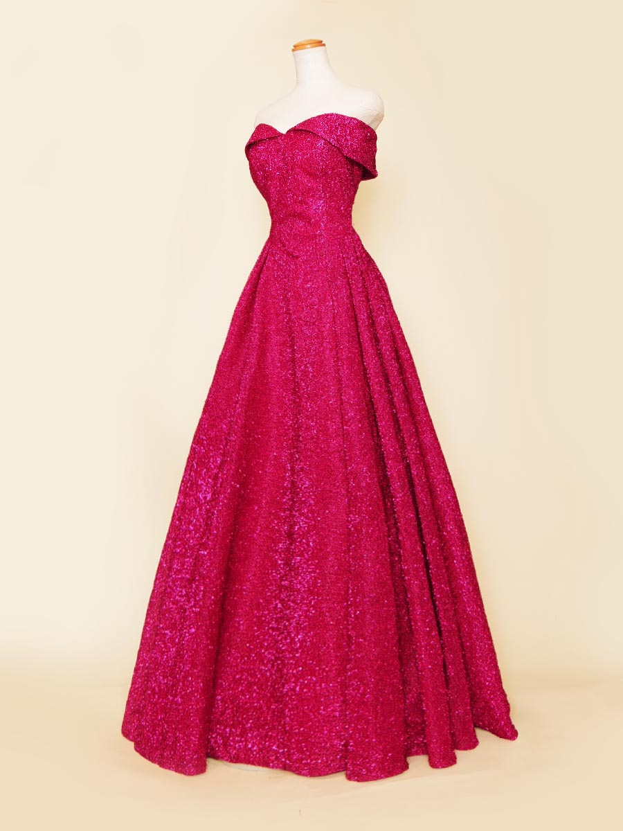 キラキラワインレッドピンクカラーのオフショルダーデザインステージドレス