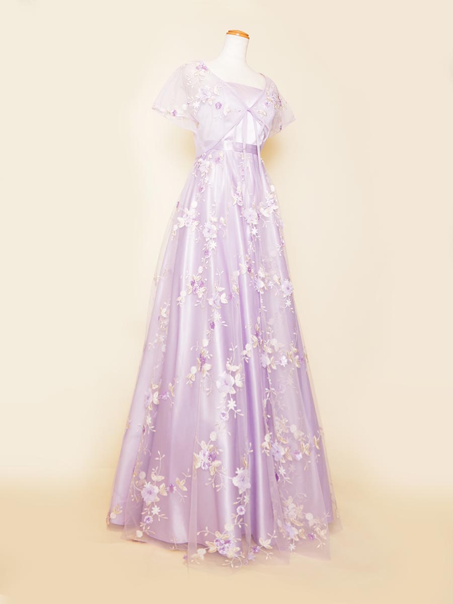 ボレロの付け外しが可能なライラックパープルカラーAライン花柄ドレス