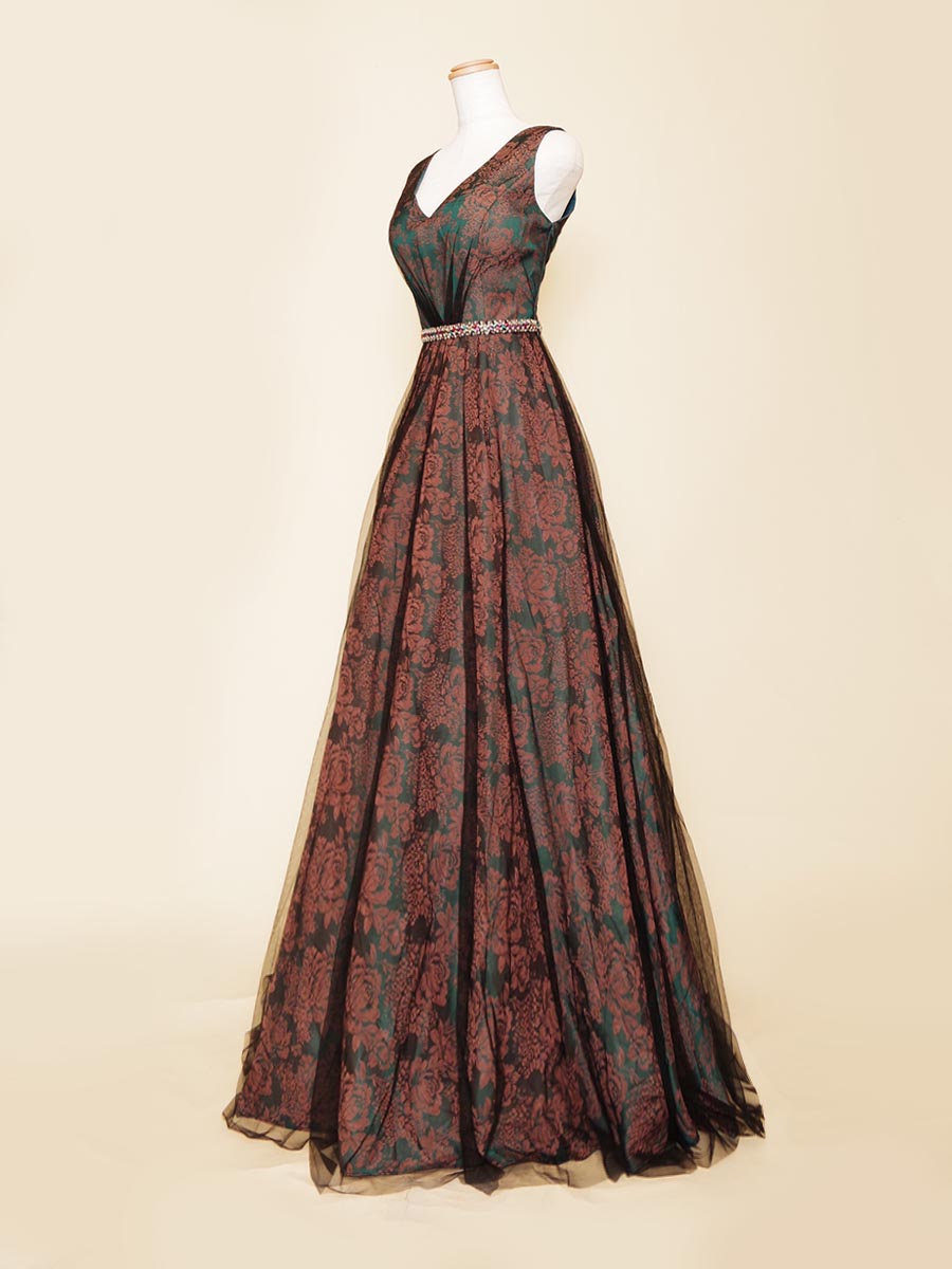 モスグリーン×ブラウン花柄模様のクラシカルで気品漂う肩袖デザインのスレンダーステージドレス
