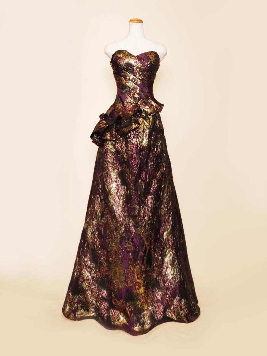 セミマーメイドデザインのディープパープル×ゴールドカラーのジャガードロングドレス