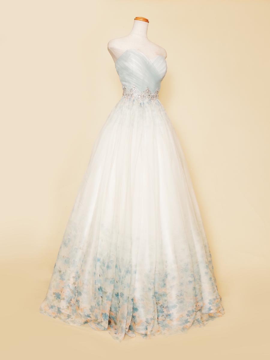 グラデーション花柄プリントデザインのアイスブルー×オフホワイトの演奏会ボリュームドレス