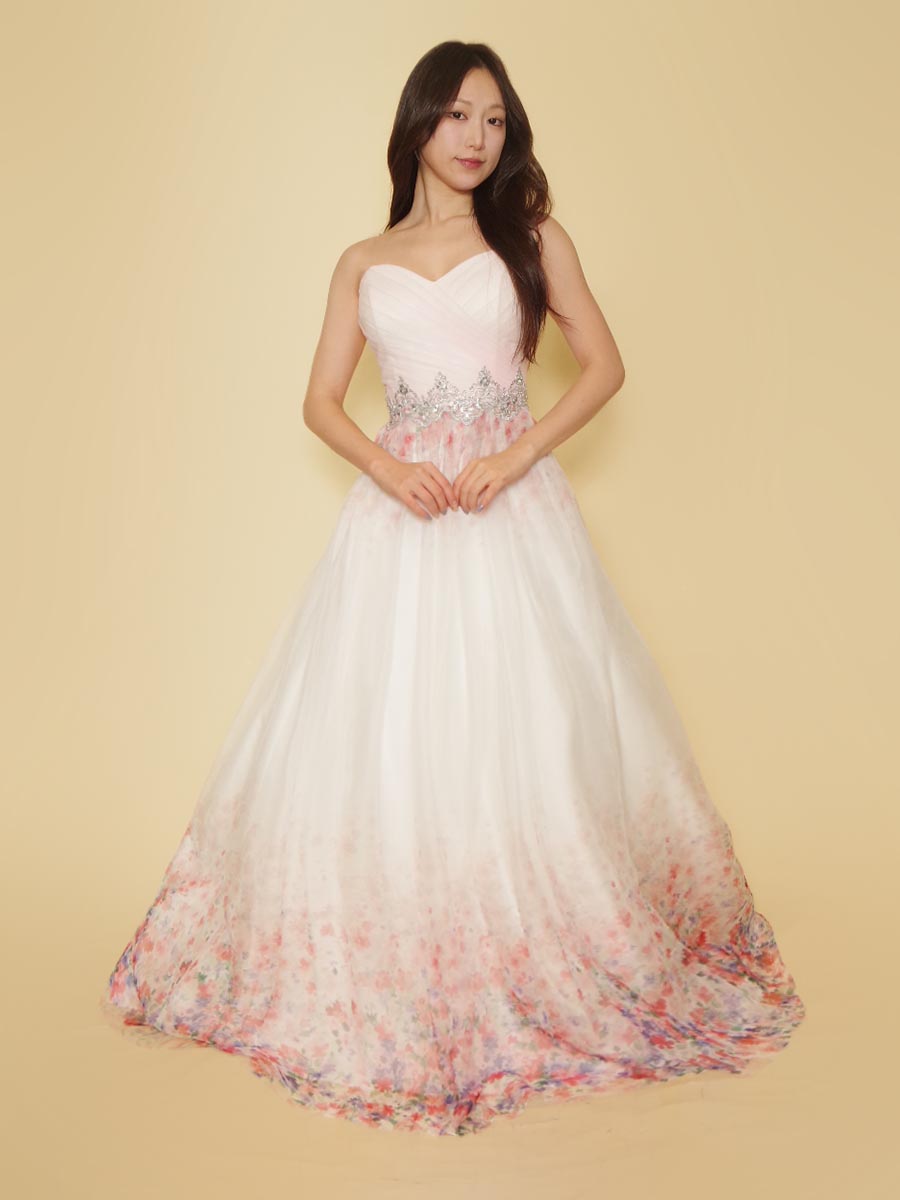 ピンクと白のグラデーションドレス ソフトピンクのグラデーションフラワープリントのAラインロングドレス