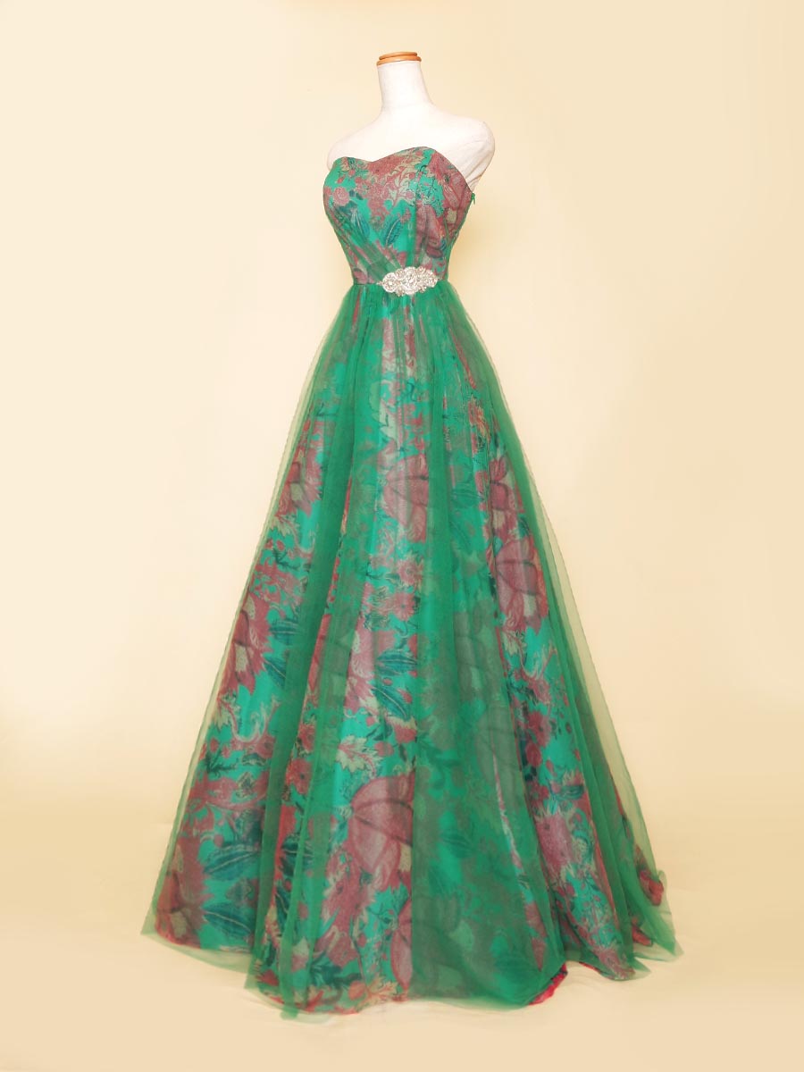 ライムグリーンカラーのチュールに花柄模様のシフォン生地を組み合わせたAラインスタイルステージドレス