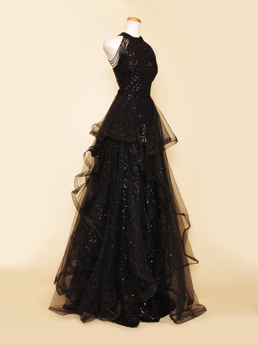 ブラックスパンコール×サイドグリッターチュールの輝き溢れるホルターネックステージドレス