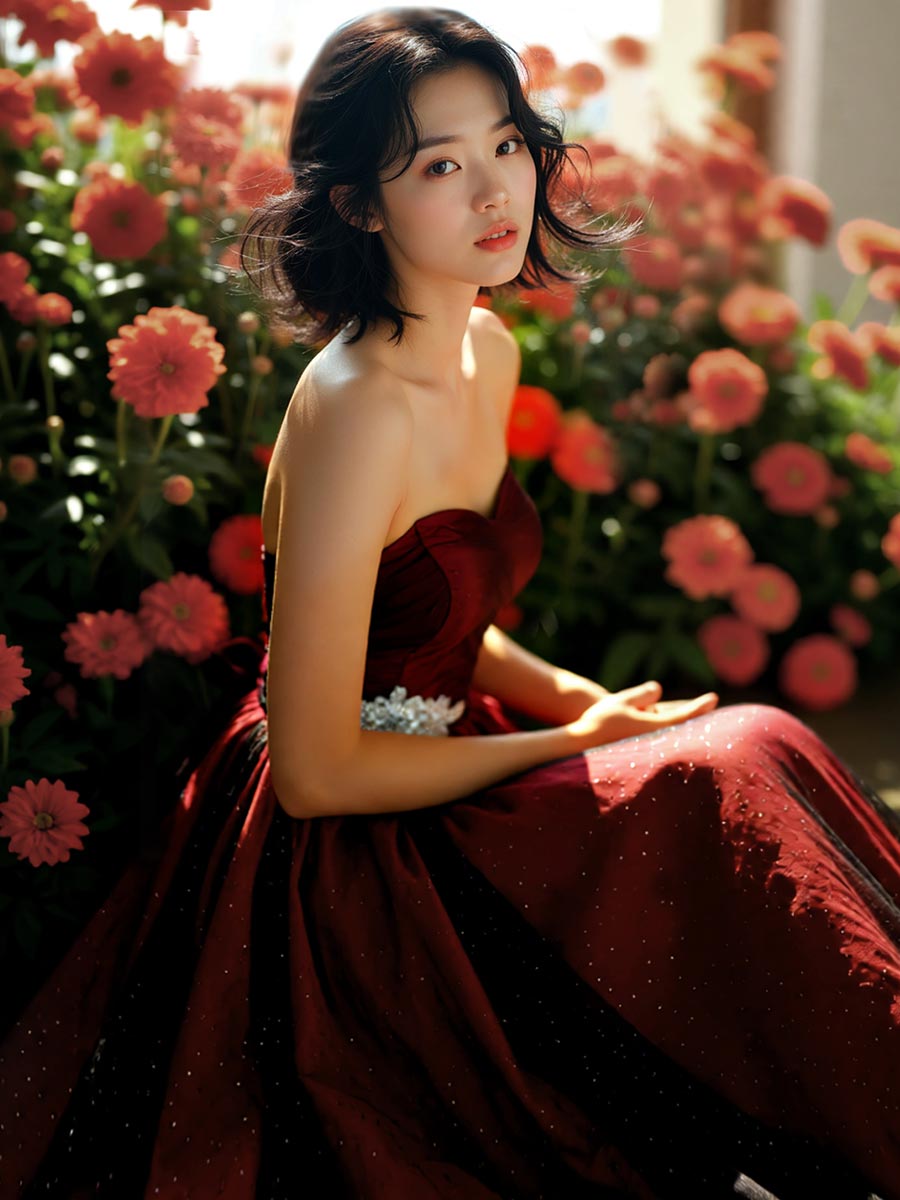 レッドコッパーのタフタ生地にゴールドグリッターチュールを重ねたスッキリAラインステージドレス