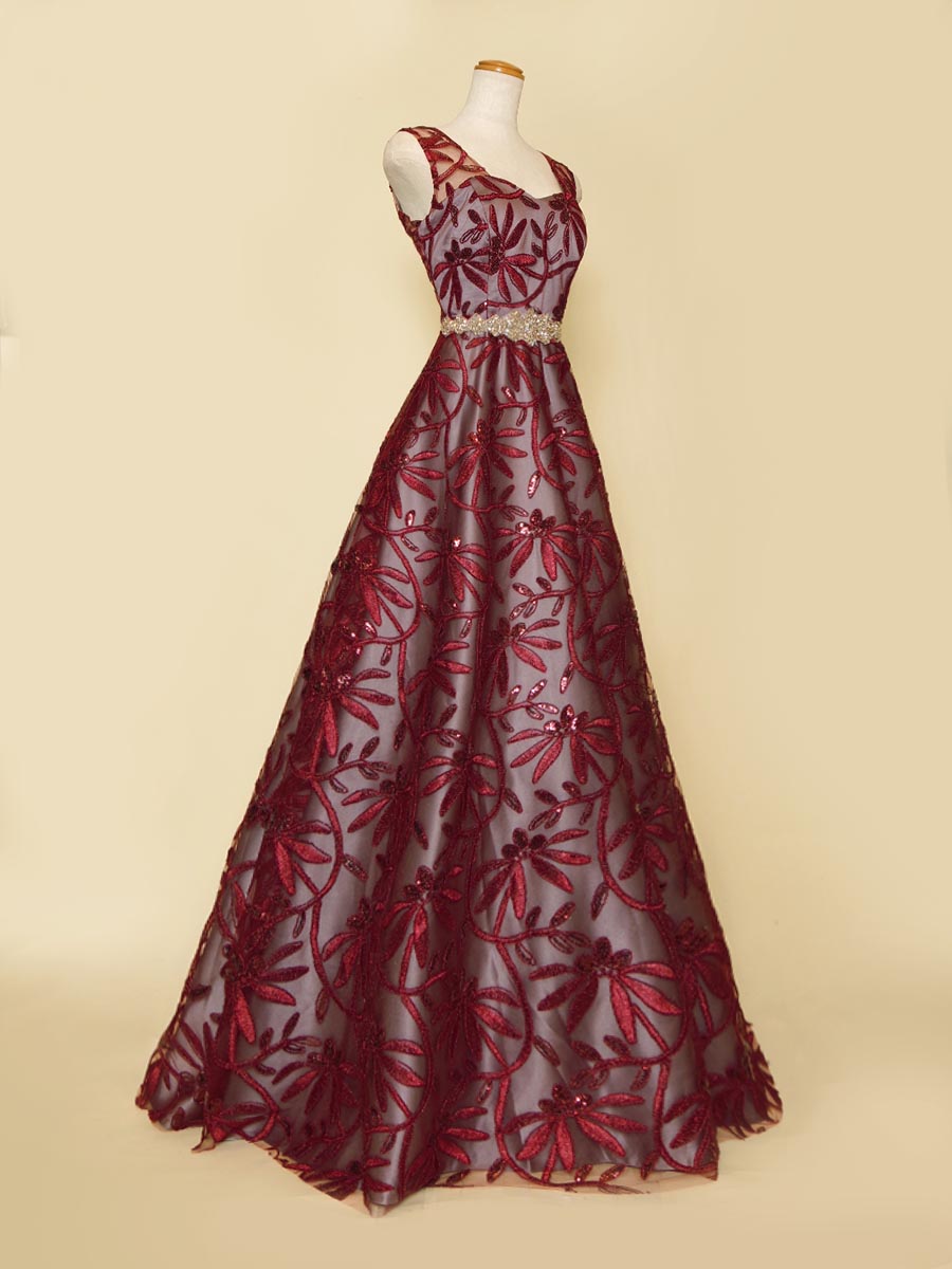 ワインレッドスパンコール花柄刺繍×シルバーグレーサテンのAラインフォルムのステージ肩袖ドレス