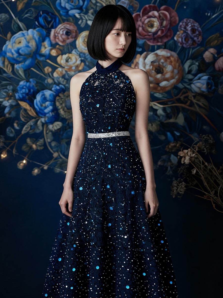 ネイビーカラー刺繍にスパンコールとビーズ装飾を加えた煌びやかなホルターネックドレス