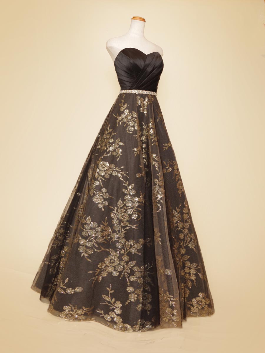 ゴールドブラックカラーの大人な高級感を放つグリッター×スパンコールスカートのAラインロングドレス