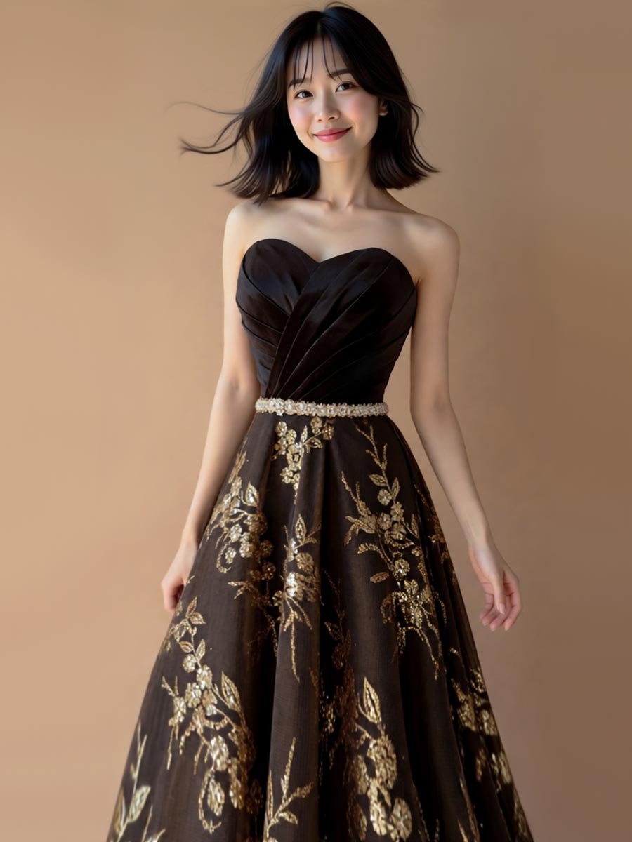 ゴールドブラックカラーの大人な高級感を放つグリッター×スパンコールスカートのAラインロングドレス
