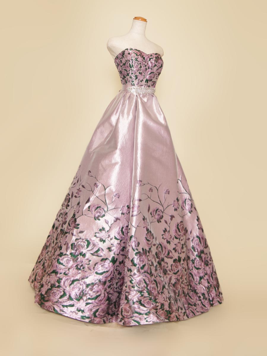 パープルピンクカラーの花柄モチーフジャガードのボリュームステージドレス