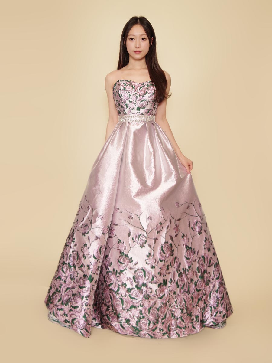 パープルピンクカラーの花柄モチーフジャガードのボリュームステージドレス