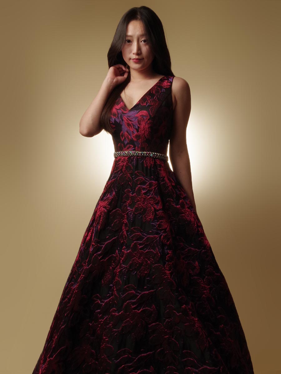 ワインレッドにブラックとパープルを織り交ぜたジャガード生地のAライン肩袖デザインドレス