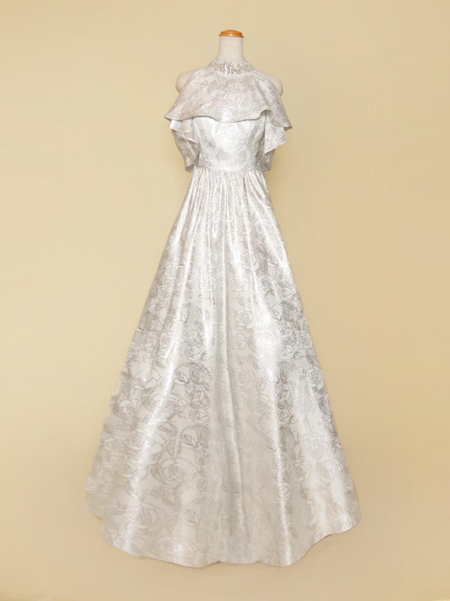 花柄シルバーホワイトのオフショルダーホルターネックスレンダードレス