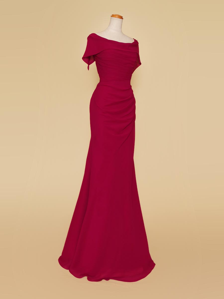ロイヤルレッドカラーシフォンのマーメイドラインオフショルダーステージドレス