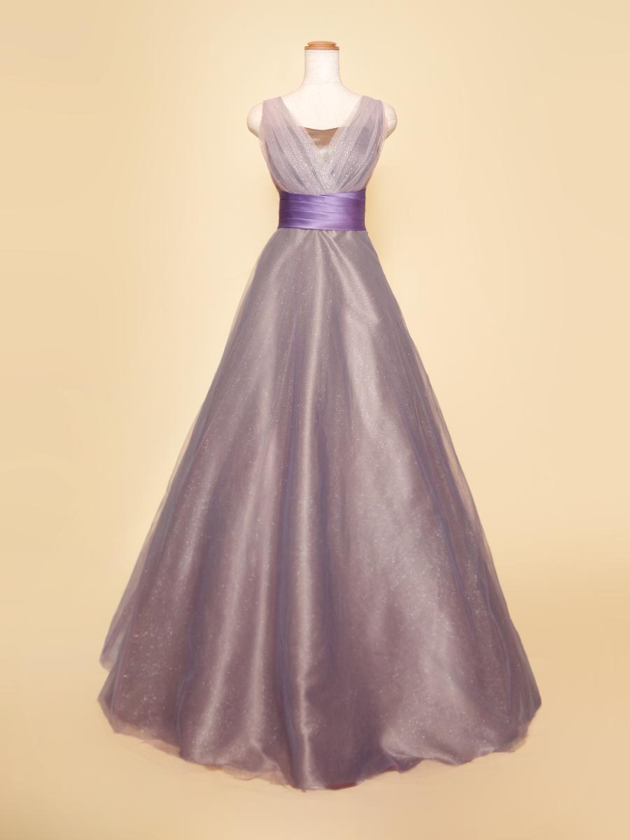 パープルグリッターチュールで仕上げたキラキラ肩袖ステージドレス