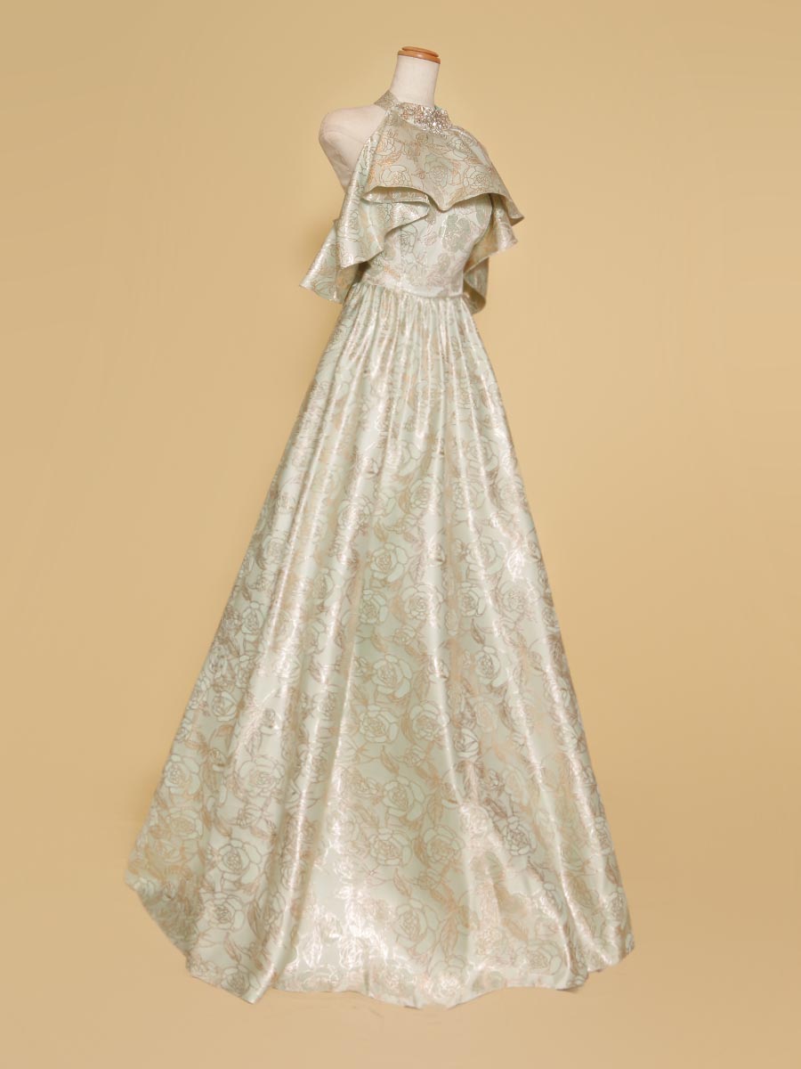 ミントカラー花柄模様のオフショルダーホルターネックドレス